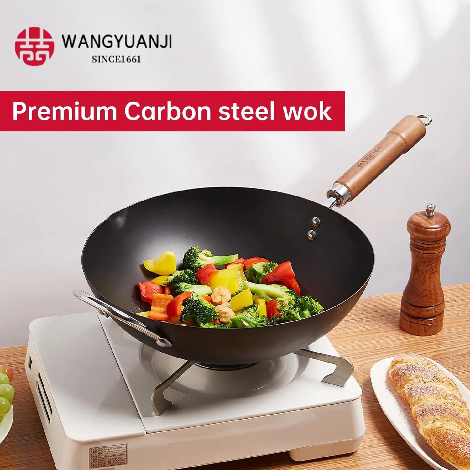 

Carbon Steel Wok Pan,12.59" Woks and Stir Fry Pans with Glass Lid,Chinese Flat bottom Iron wok for Induction, Electric, Gas,