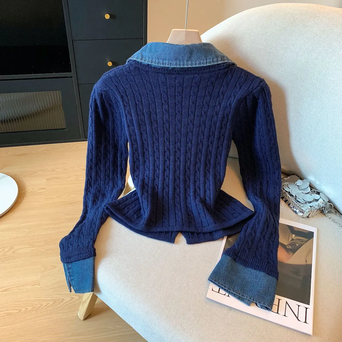 ブルーポロカラーアパレル レディースニットセーター インナーショートトップ フェイクツーピーススタイル 秋冬新作 カレッジスタイル