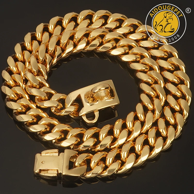 

Strong Gold Dog Collar Stainless Steel Cuban Link Chain 14mm Wide Metal Pet Necklace for Small Medium Large Dog Collar Product