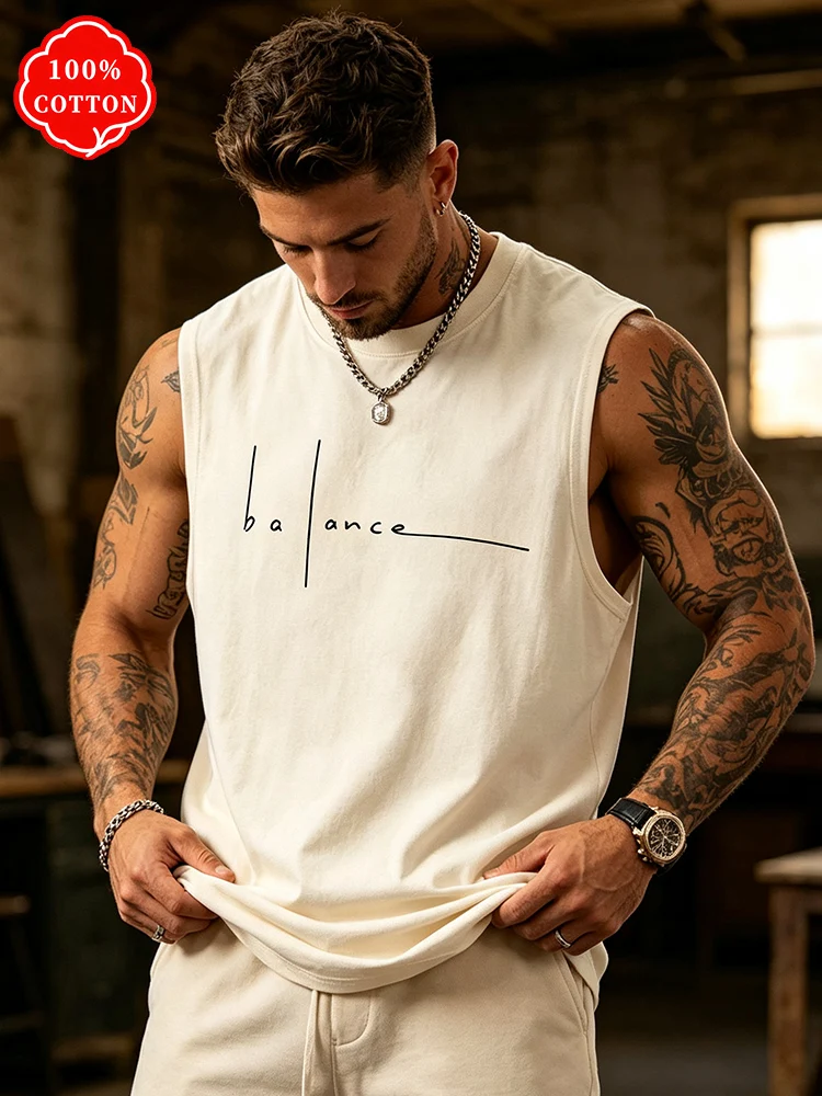 100% cotton men's summer sleeveless top Handwritten Balance Letter Print Loose Casual Fitness Tank Top Sport Undershirt Vest-T81