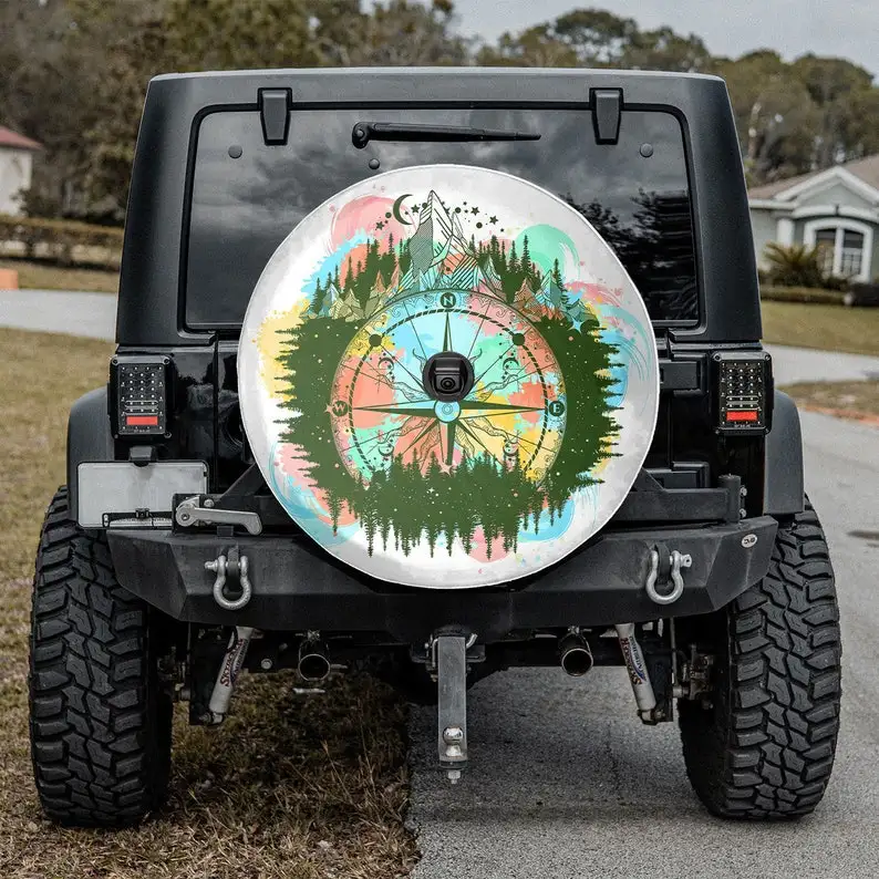 Mountain Antique Compass And Wind Rose Spare Tire Cover Camper, Camping Truck Tire Cover, Halloween Gift, Fast Shipping, Father