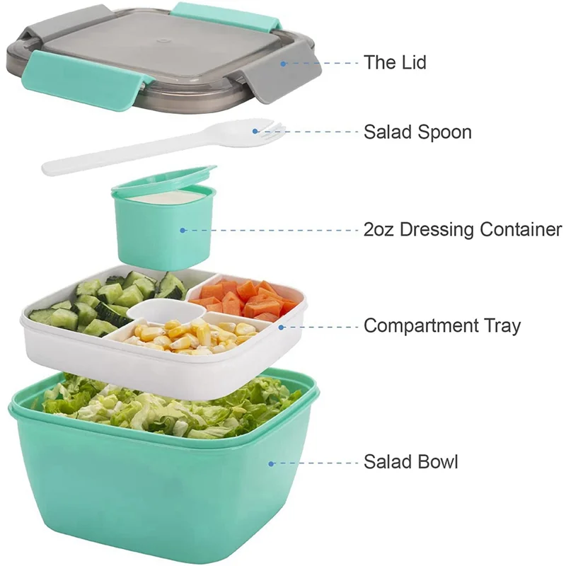 Lunchcontainer Te Gaan, 1500Ml Saladekommen Met 3 Compartimenten, Container Voor Salade Toppings