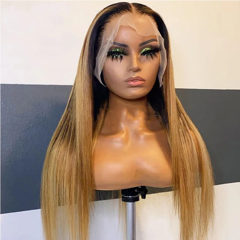 شعر مستعار ناعم أومبير أشقر 180 كثافة 26 بوصة شعر مستعار أمامي طويل مستقيم من الدانتيل للنساء ذوات البشرة السمراء مع خط شعر طبيعي يومي منزوع مسبقًا