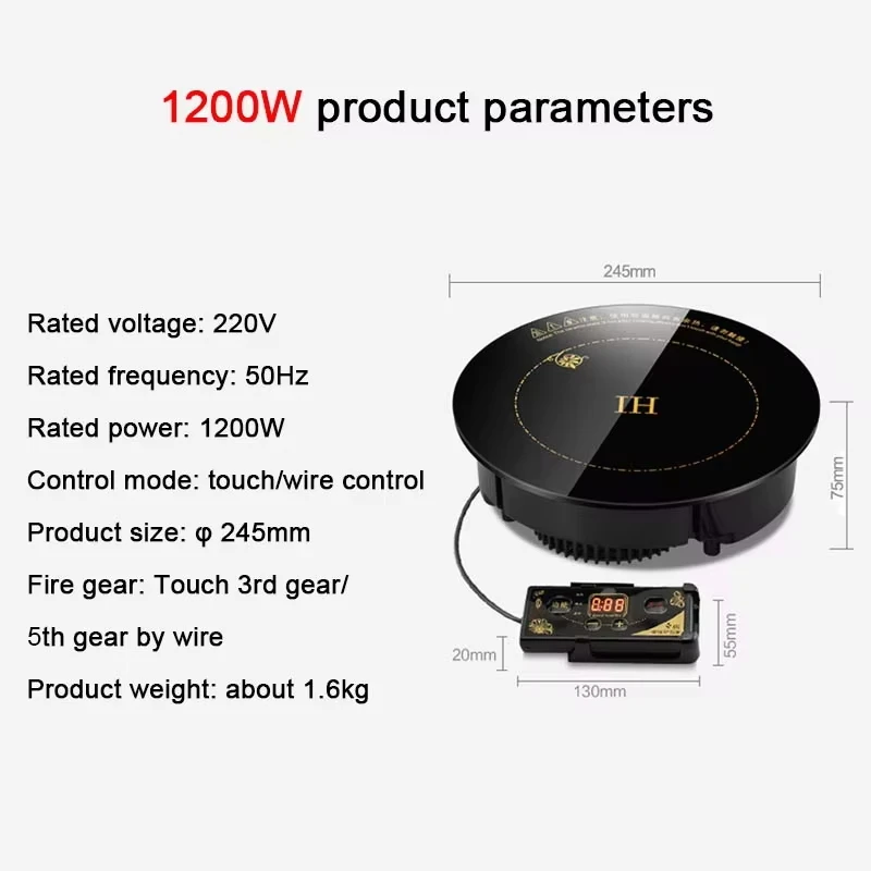 DMWD 2000W Okrągła elektryczna kuchenka indukcyjna magnetyczna Sterowanie przewodowe Czarny panel kryształowy Hotpot Płyta kuchenna Płyta kuchenna