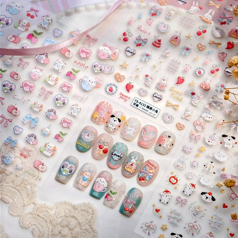 

Apple Dog Puppy Rabbit Strawberry Cherry Bowknot Cake Small Animal Park Cup Food Self Adhesive Nail Art Stickers Manicure Decals