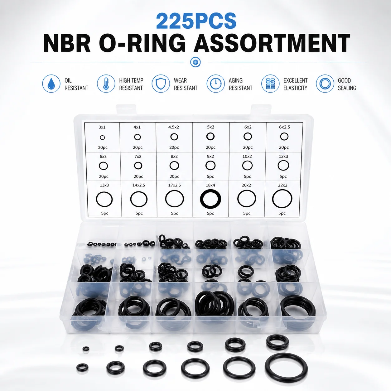 Emergency Sealing Tool for Oil Leakage in Repair Shop, NBR Nitrile Rubber O-ring Kit, 225 Pieces CS 1-4mm OD 3-22mm