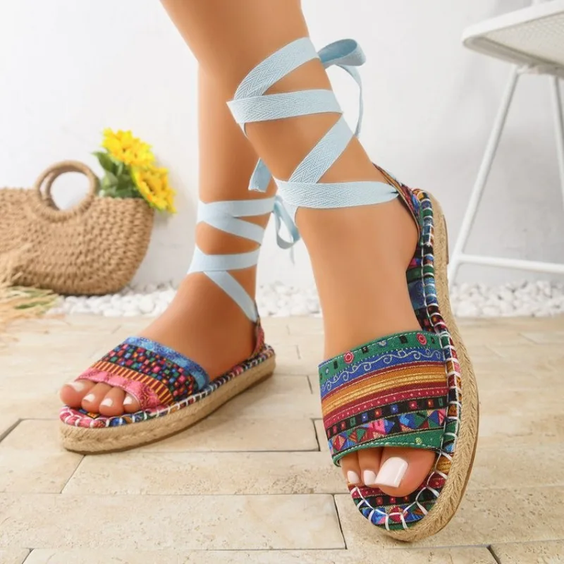 

Bohemia Style Ethnic Stripe Flat Bottom Anti-Slip Rope Sole Breathable Fabric Insole Tassel Slip-On Women's Sandals Comfortable