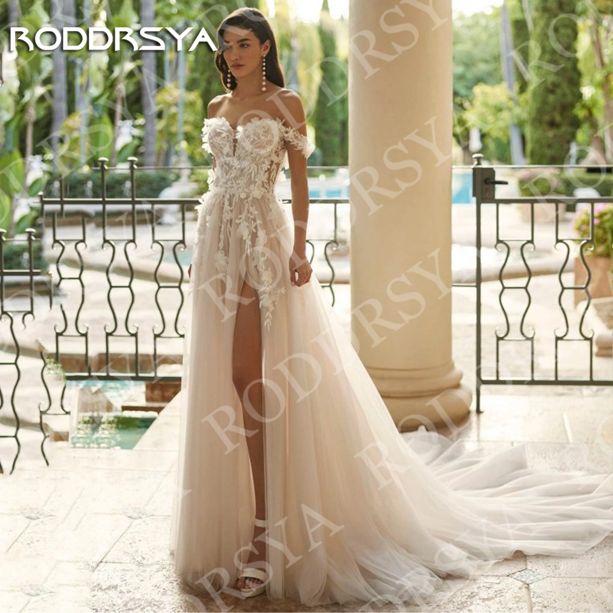 

RODDRSYA Wedding Dresses for Brides 2025 Ivory Elegant Off Shoulder Floral Appliques Tulle Bridal Gown Customized robe de mariée