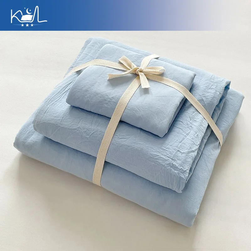 100% Washed Cotton 4 Piece Bedding Set, Solid Color Bed Sheet Duvet Cover Pillowcases, Affordable Soft Bedding