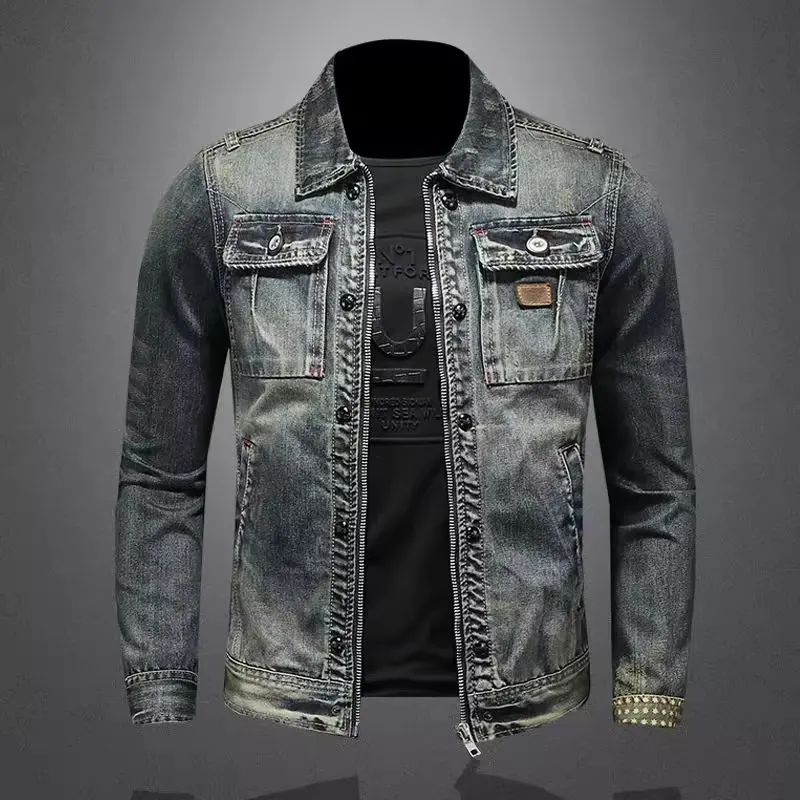 Men's Retro Classic Denim Jacket Autumn Street Trend Handsome Riding Windproof Men's Clothing High Street Casual Lapel Jacket