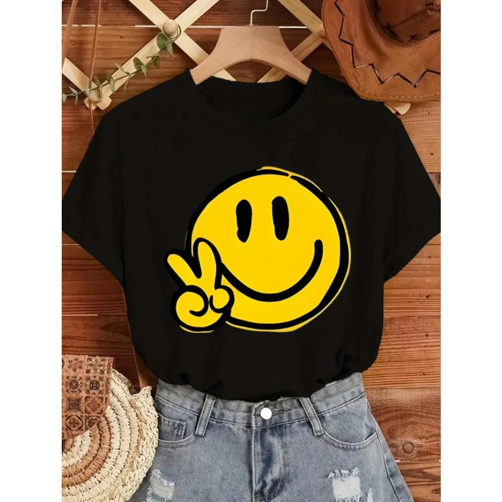 Women's Geometric Joyful Face Smile Print T-Shirt Casual Short Sleeve Crew Neck Top Comfort Summer Woman Clothing