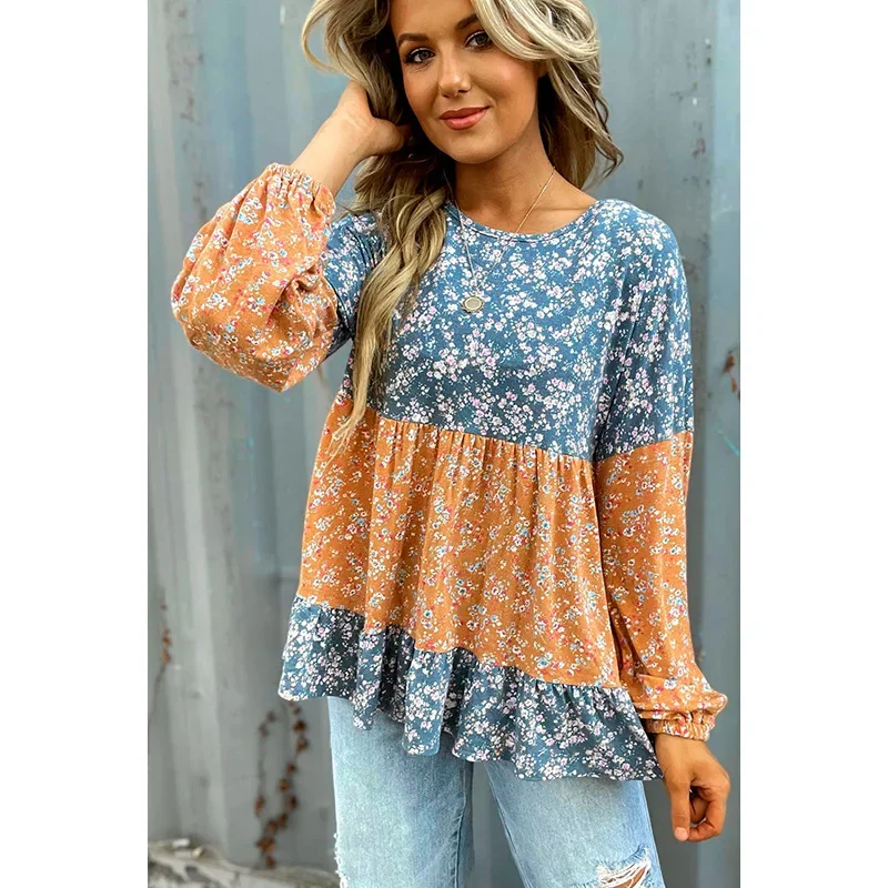 

Casual Style Color Blocked Printed Chiffon Shirt for Women New Round Neck Long Sleeved Pullover for Women