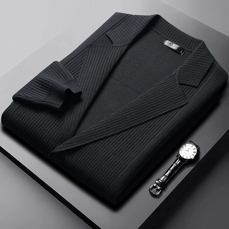 

European high-end suit collar solid color knitted cardigan men's 2025 autumn winter luxury button business casual sweater coat