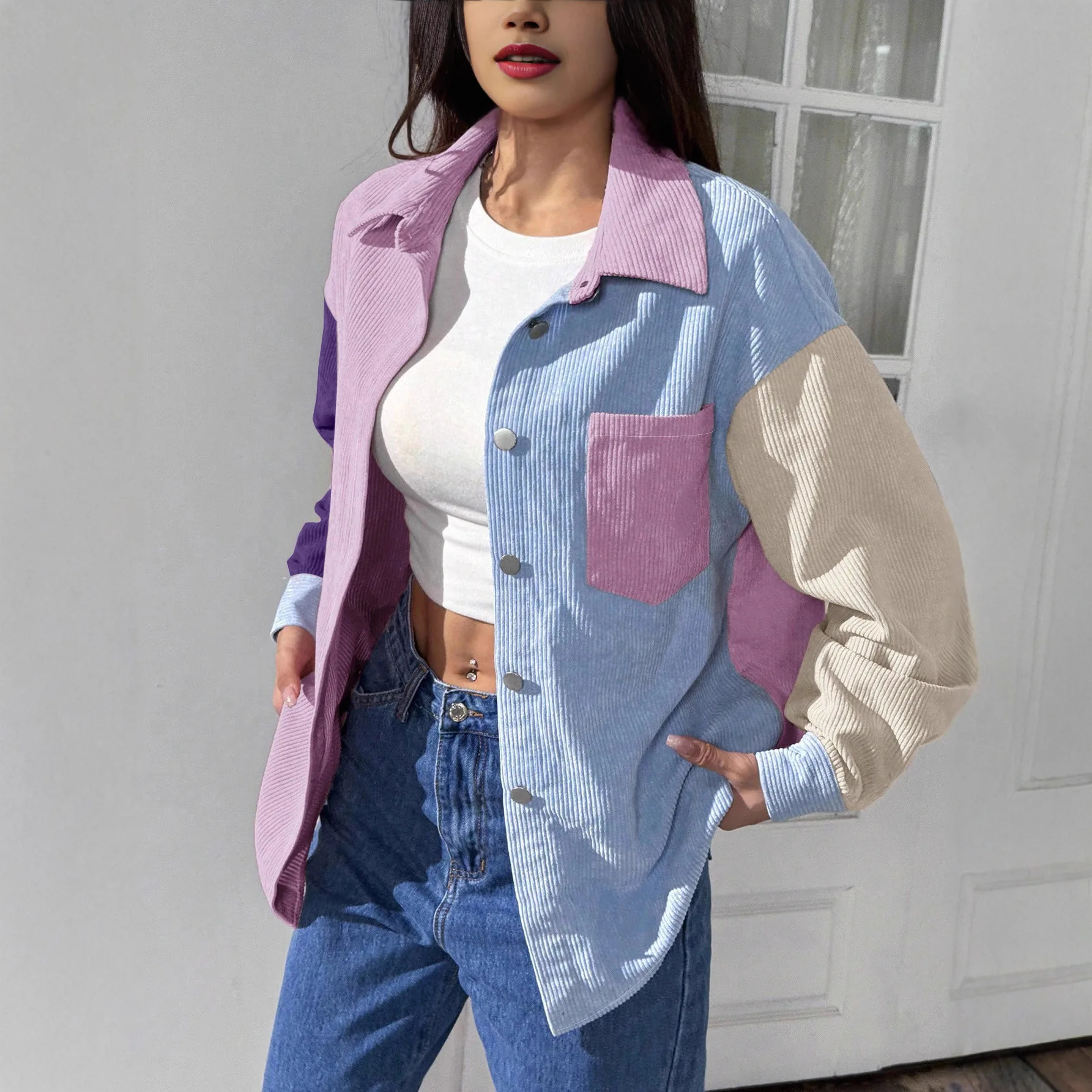 Long Sleeved Shirt in A Loose Cotton and Patchwork Pockets Linen Color Combination New Style Fall Clothes