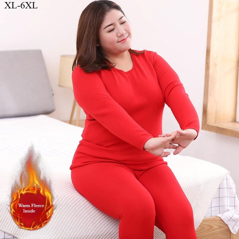 

Women Thermal Underwear Set Winter Plus Size 100KG Fleece 6XL 5XL Girl Warm Intimates 2 Piece Lingerie Tops Long Johns Clothes