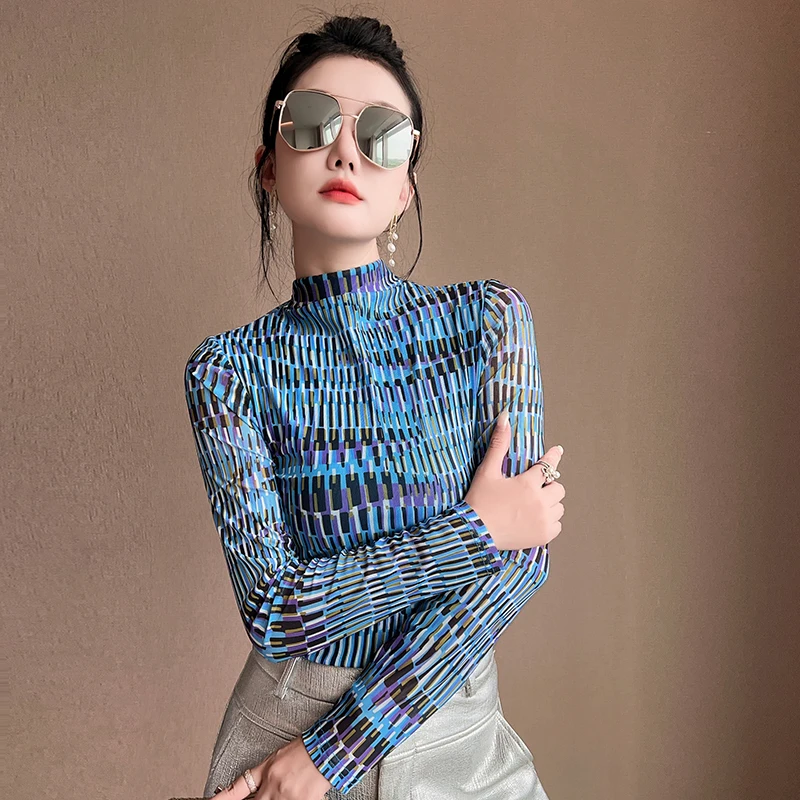 MadBlack-Women European T-Shirt, Sexy Mock Neck Geometry Print, Korean Long Sleeve Slim M-3XL Knit Tee, 2026 Autumn New T69875CC