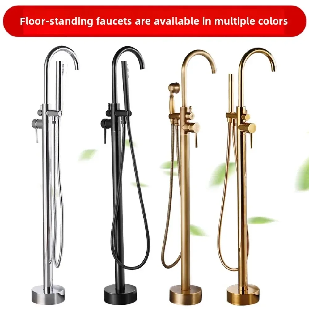

All copper antique style floor standing bathtub faucet with vertical wooden barrel column and basin wall connection showerhead