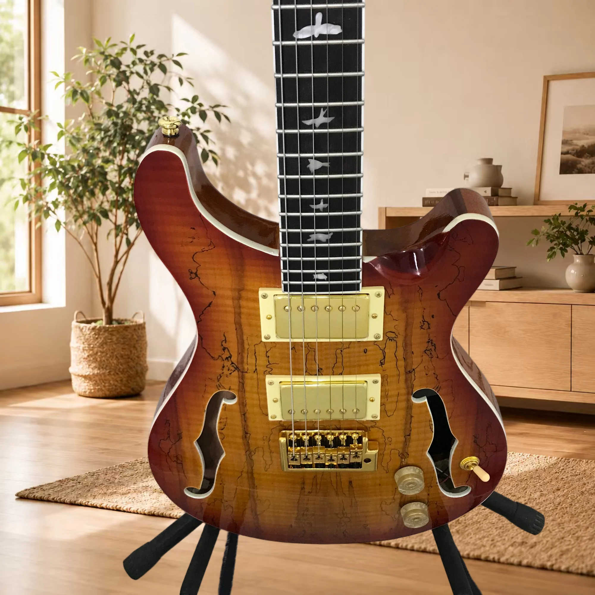 PRS Electric Guitar Double Missing Corner Half Air Heart Fluff Pattern Wood Grain Fluff Amber Scale Knob Free Delivery