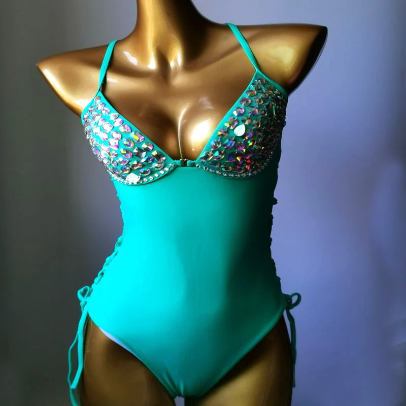 

NEW Bikini Set Women Bling Green Diamante Carnival Swimwear Crystal Panties Rave Festival Swimsuit Burning Man Outfit Club Wear