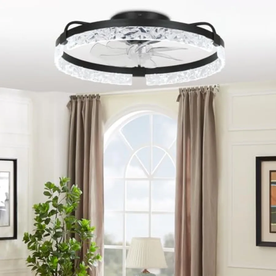 

20" Modern LED Ceiling Fan with Lights Dimmable Acrylic Dimmable Low Profile Ceiling Fan Flush Mount Bladeless Chandelier Fan S
