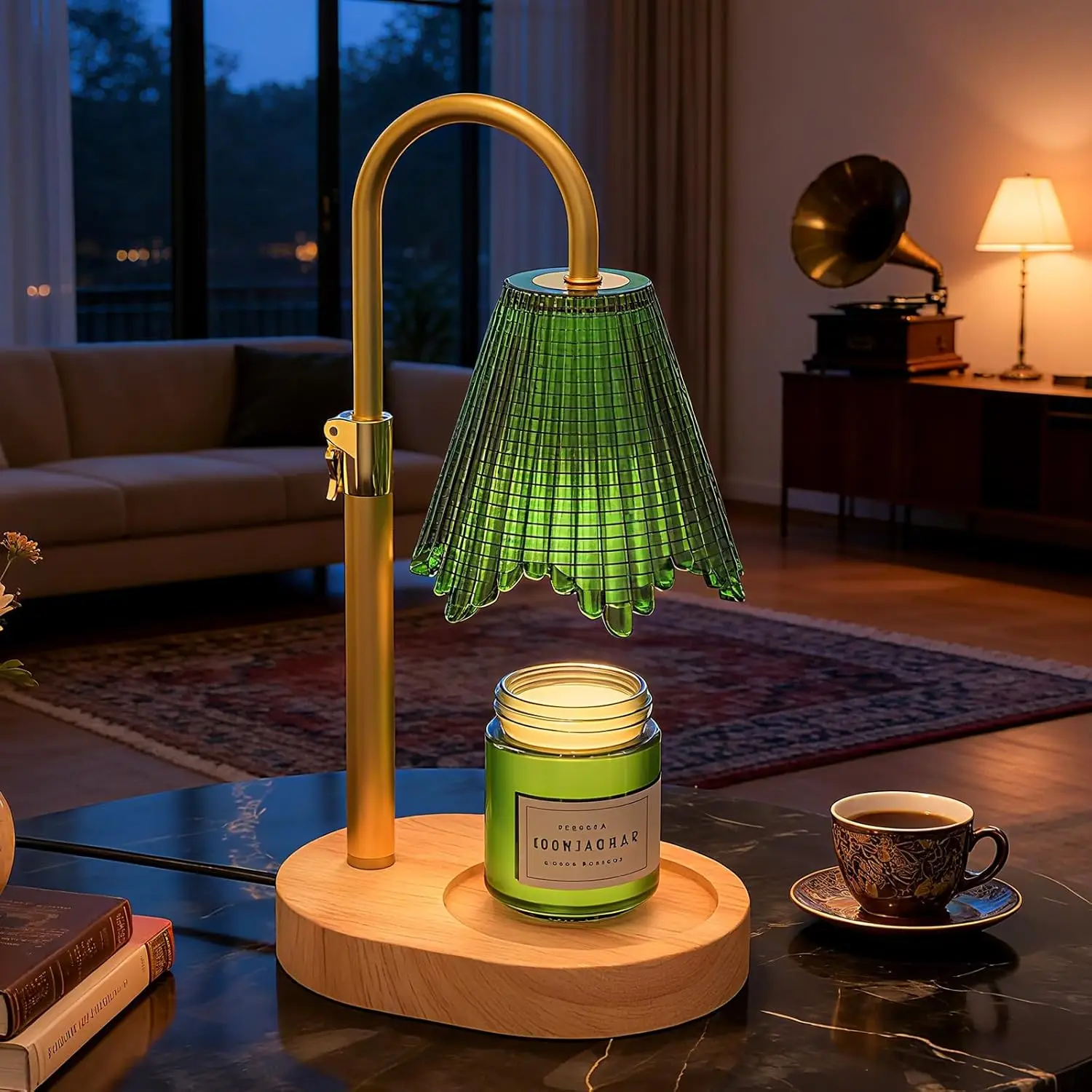 Flameless Candle Warmer Lamp, Adjustable Height, 4-Level Dimming, Timer, Colorful Glass Shade, Wood Base, Green