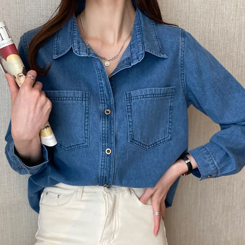 Vintage Turn Down Collar Denim Jackets Women 2023 Autumn Single Breasted Long Sleeve Jacket Woman Korean Style Blue Jeans Coats