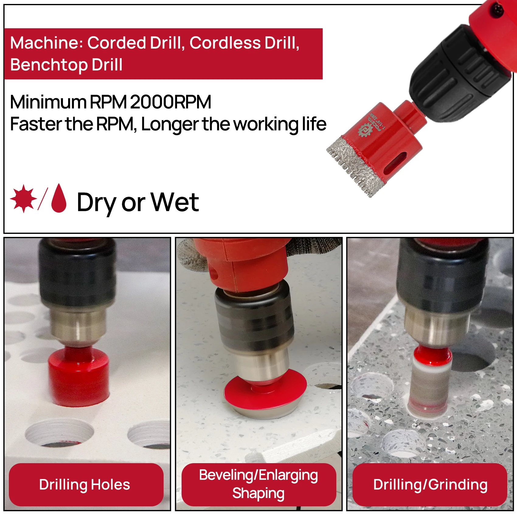 FOCSTOL 11pcs Diamond Tile Drill Bit Set Dia 6-65mm for Porcelain Tile Ceramic Granite Marble 50mm Chamfer Bit Drill Mill Bit