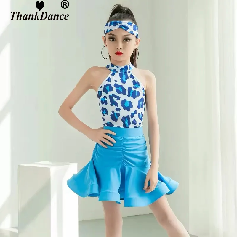 

Girl Latin Dance Costume Set Children Blue Leopard Print Latin Dance Costumes for kid Sexy Patchwork Cha Cha Tango Classic Style
