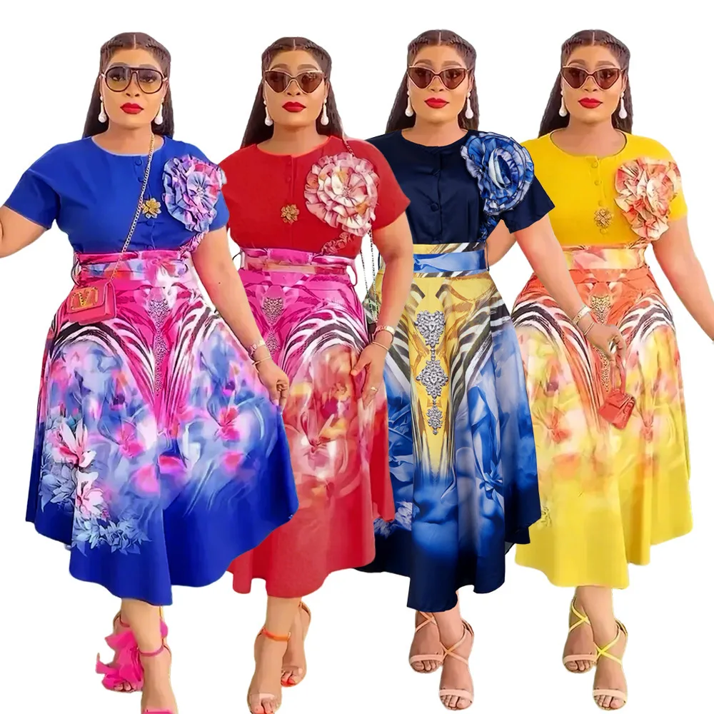 

Large size women's printed new round neck dress two-piece set
