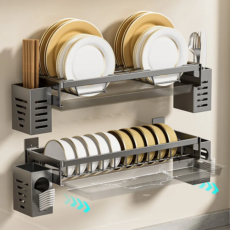 Kitchen Organizer Storage Shelf Dish Rack Wall-mounted Multifunction Drain Chopsticks Spoon Tableware Dish Holder Accessories