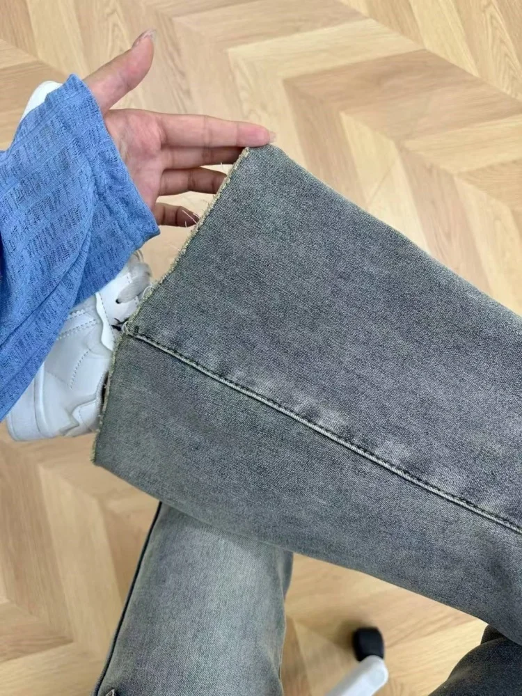 กางเกงยีนส์เอวสูงทรงสลิมฟิตสำหรับผู้หญิง ไซส์ใหญ่ สไตล์เรโทรอเมริกัน ขาตรง ยืดหยุ่น ทรงขาบานเล็กน้อย