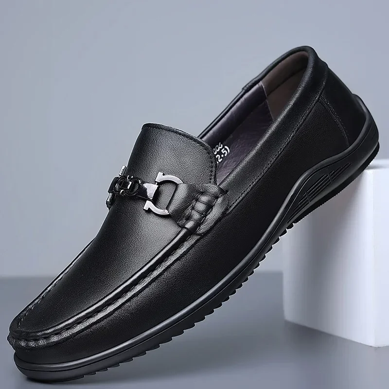 

PopMen's Casual Business Shoes Cow Genuine Leather Mens Classic Buckle Loafers Moccasins Men Light Driving Party Wedding Flats