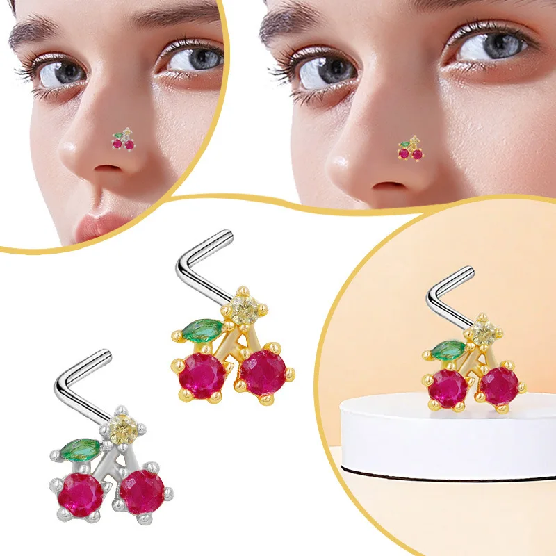 Stainless Steel Nose Rings for Women 20G Surgical Steel L Bend Nose Piercing Jewelry Cherry Gem Nose Ring Stud Body Jewelry