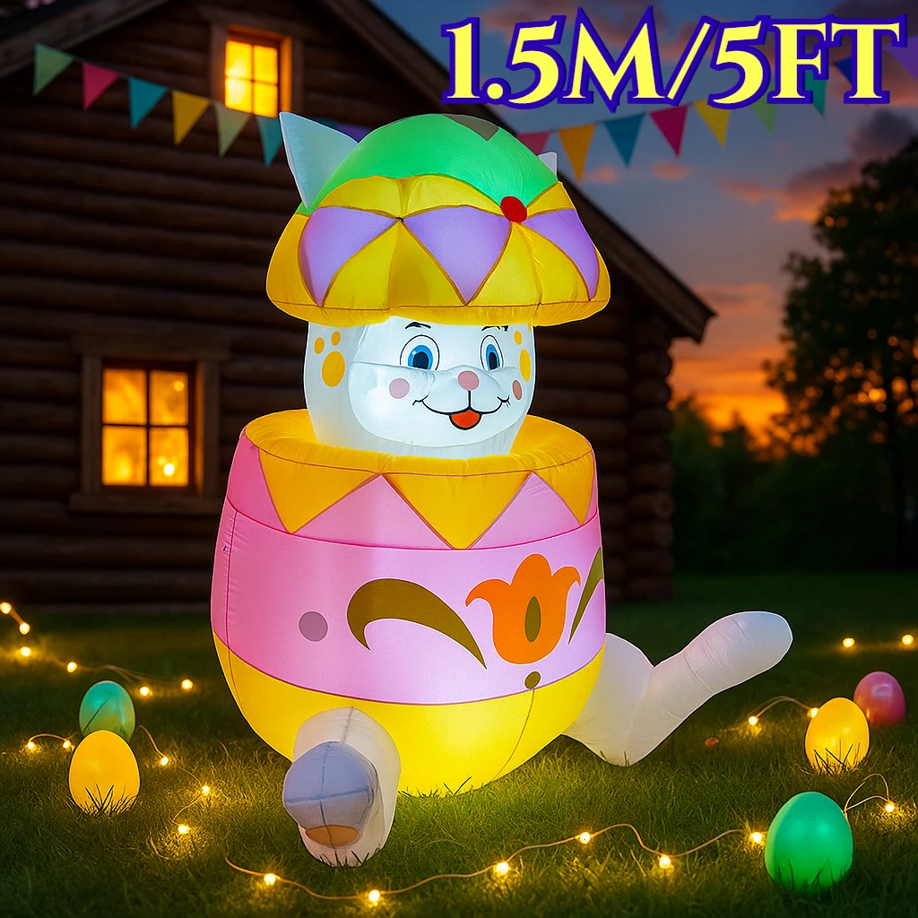 

1.5M/5FT Easter Diy Decorations Bunny with Egg Party Inflatable Toys Build in LED Lights Rabbit for Holiday Outdoor Garden Decor