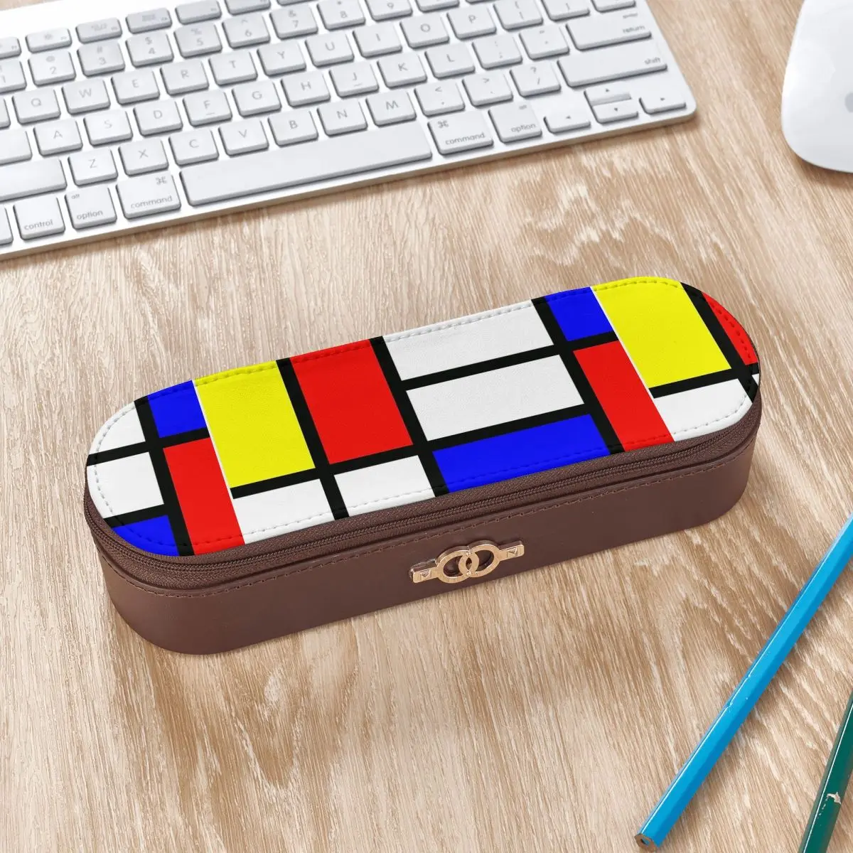 Color Block With Red Yellow And BlueLeather Pencil Case Pencil Pouch Storage Stationery Supplies Pen Box Pencil Bag for Students