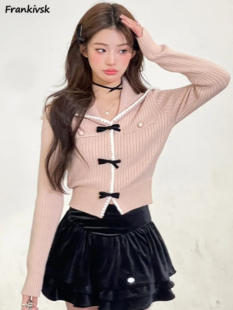 

Cardigan Women Bow All-match Korean Preppy Style Hotsweet Slim Crew Neck High Street Youthful Casual Aesthetic Knitwear Autumn