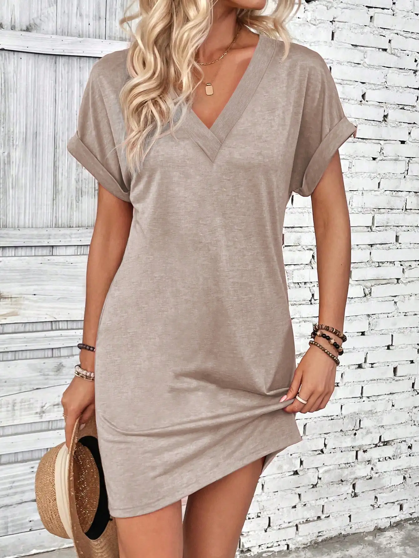 

Women's V-Neck Short Sleeve Loose Fit T-Shirt Dress in Solid Beige