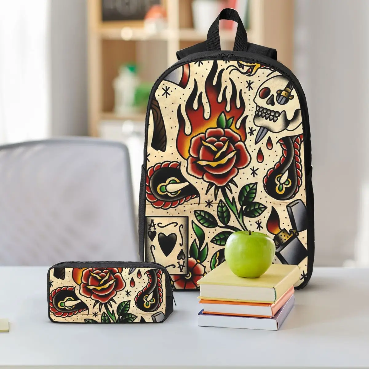 American Traditional Flash Pattern Tattoo Backpack Student BookBag School Bag Shoulder Bags 3ps Insulated Lunch Bag Pencil Case