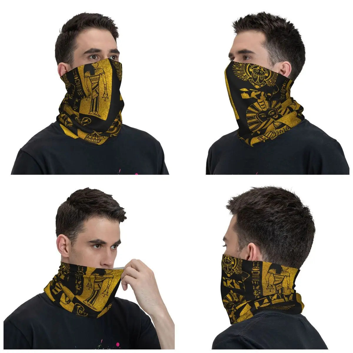 Egyptian Gold Hieroglyphs And Symbols Collage Bandana Neck Gaiter Printed Egypt Balaclavas Wrap Scarf Warm Headband Sports Adult