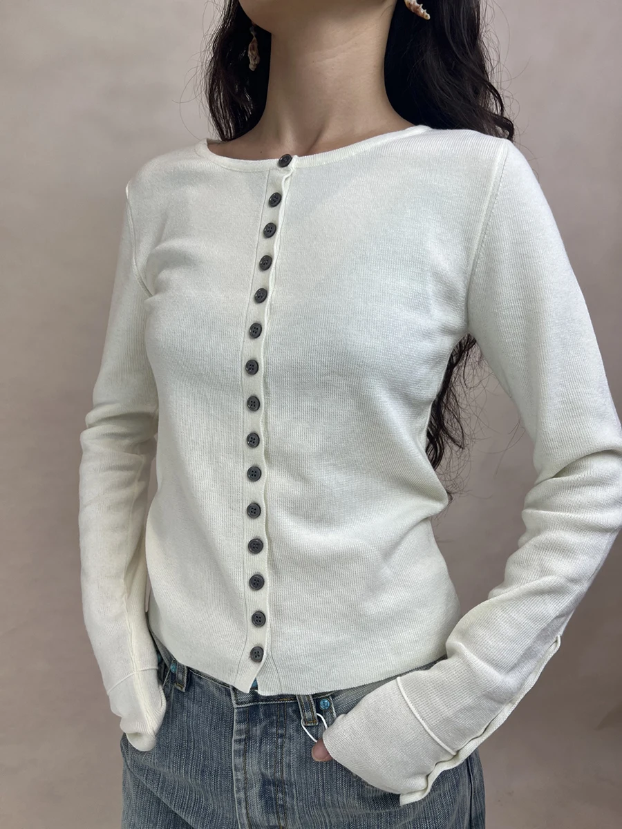 

Solid Simple Basic Knitwear Woman Spring O-Neck Single Breasted Long Sleeve Slim Sweater Cardigan All-match Cotton Knit Sweaters