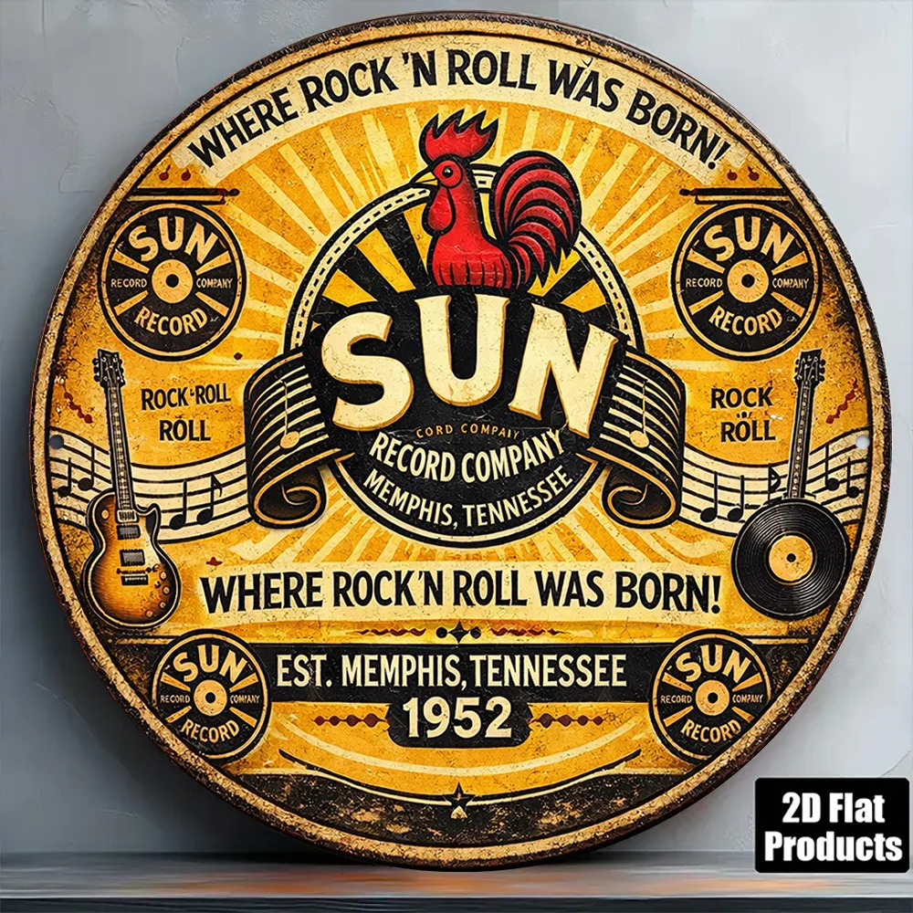1pc 2D Flat Round Sign, Retro Wooden Plaque about The Birthplace of Rock Music, Sun Record Company Memphis Tennessee Decorative