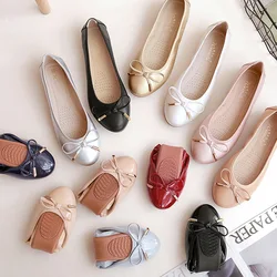 Size 42/43 Ladies Single Shoes Bowtie Flats Patent Leather Loafers Women Round Toe Roll-Up Shoes Woman Bridesmaid Flats