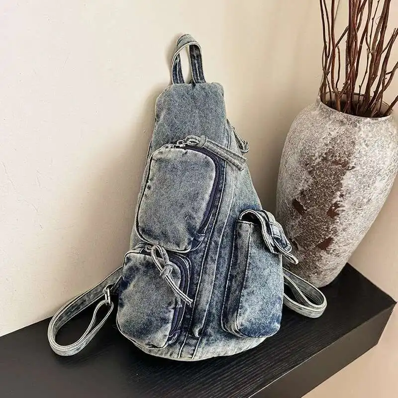 Nowy modny plecak dżinsowy w stylu vintage, kobieca spersonalizowana torba na ramię z wieloma kieszeniami, modny plecak na co dzień — zdjęcie 6