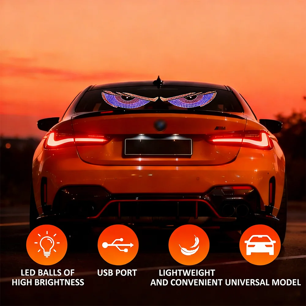 USB Dynamic Devil Eyes Light Car Windshield Dynamic LED Matrix Panel Screen Light for Car Truck Window Decor Lighting 11 Modes