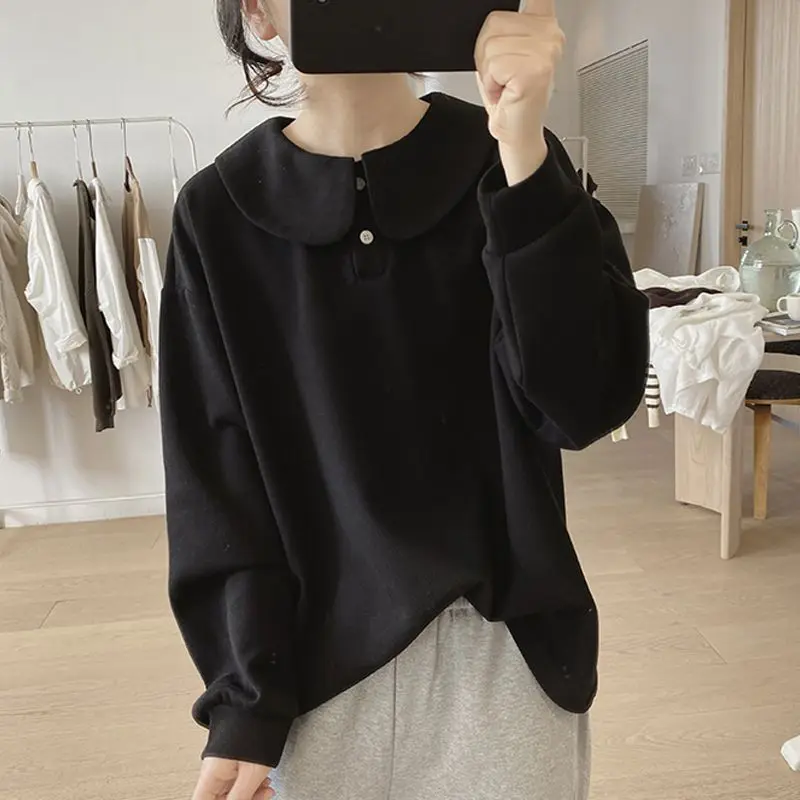 Polo Sweatshirt Women\'s Spring And Autumn 2023 New Loose Korean Design Feel Cotton Pullover Top