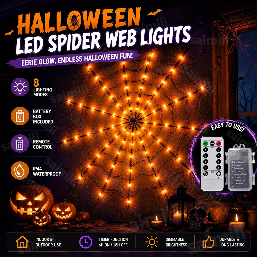 Halloween Battery Operated Spider Web Lights 70LED 8 Lighting Modes Spooky For Home Window Haunted House Holiday Party Decor