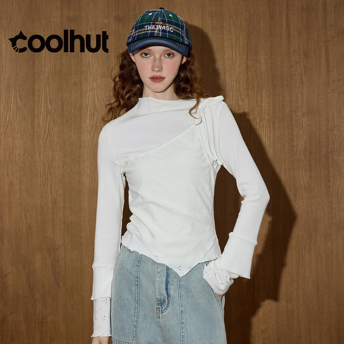 

COOLHUT женская футболка 2025 с контрастной вставкой, искусственная футболка из двух предметов, облегающая футболка с длинными рукавами, мягкий вязаный осенний топ, уникальный нишевый дизайн