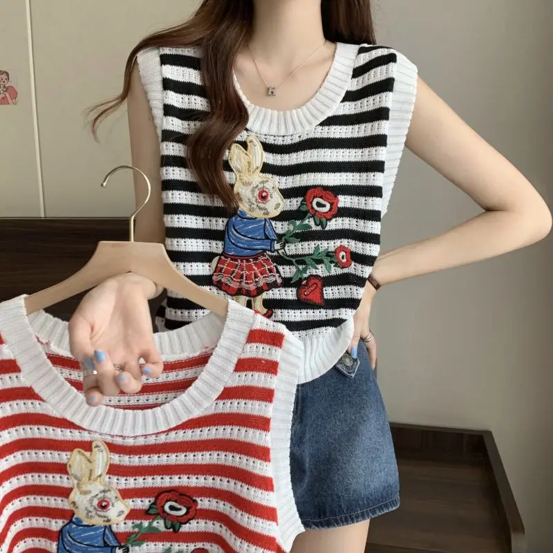 

Women's Rabbit Striped Vest O-neck Fashion Loose Knitted Top Summer All-match Cozy Fashion Simple Thin Openwork Sleeveless Vest