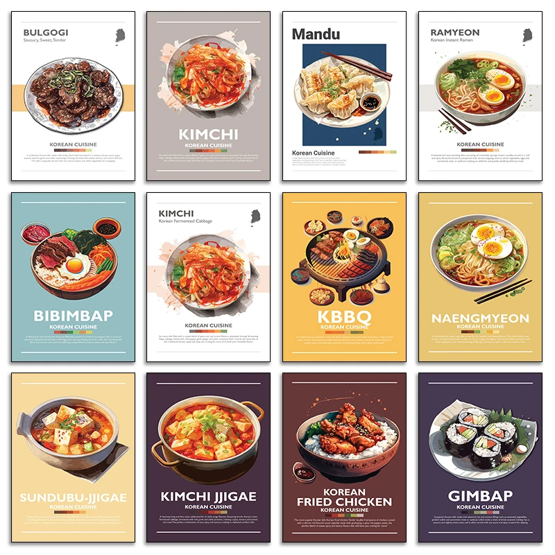 Póster de comida coreana, Bulgogi Bibimbap Gimbap Kimchi Sundubu Jjigae, pintura en lienzo, imagen artística de pared minimalista, decoración de cocina y habitación