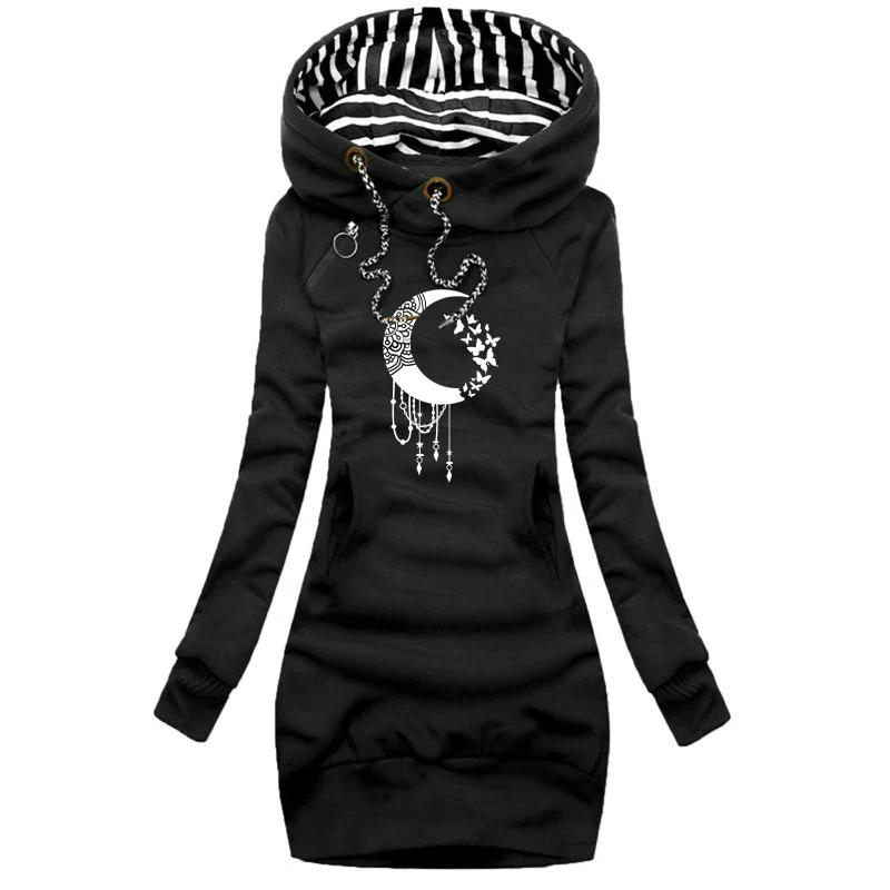 New Women's Hooded Long Sleeved Dresses Brand Print Long Sleeve Hoodie Casual Skirt Hooded Pullover Pocket Sweater Dress